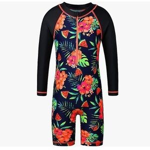 ZYNUNE One Piece Rashguard Swimsuit UV + UPF 50+ Floral/Black Girls Size 10 NWT